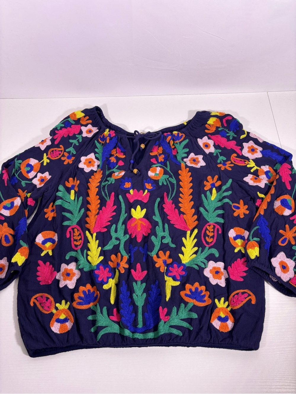 Soft Surroundings Embroidered Peasant Blouse Navy Floral Boho XL - Picture 3 of 8